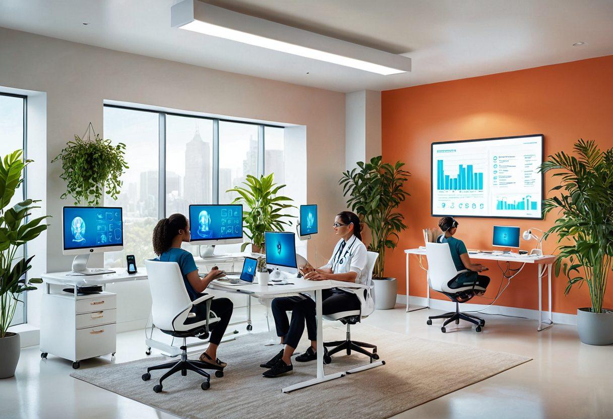 A futuristic healthcare scene showcasing a diverse group of people using advanced telemedicine technology, including virtual reality headsets and wearable health devices. The setting is a bright and modern home office filled with plants and wellness motifs, illustrating a sense of harmony. Include digital health charts and comforting light colors to convey a sense of hope and innovation. super-realistic. vibrant colors. white background.