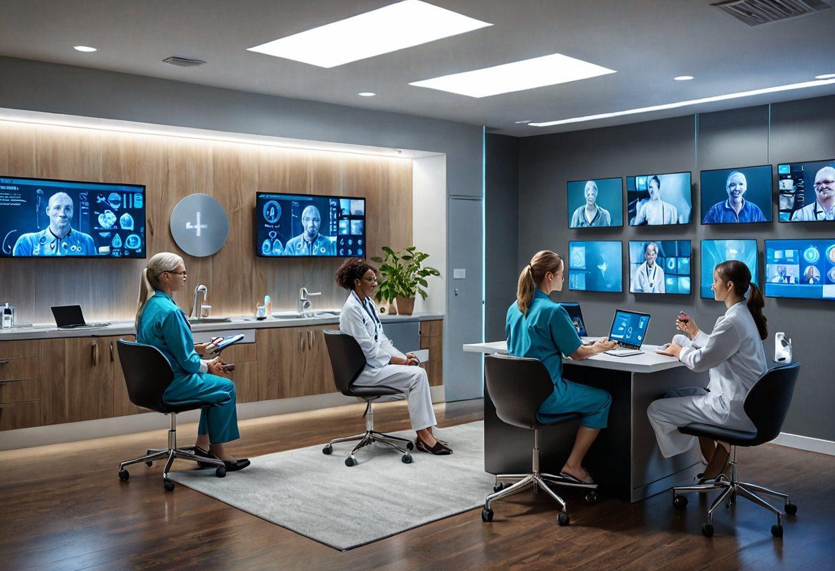 A futuristic telemedicine scene featuring a diverse group of patients interacting with medical professionals through holographic screens, alongside digital health tools and wearable devices. The background showcases a blend of home environments and high-tech healthcare settings. Emphasize the concept of education, with digital charts and virtual classrooms integrated into the scenario. Bright, engaging colors should highlight modern technology and accessibility. vibrant colors. 3D. hyper-realistic.