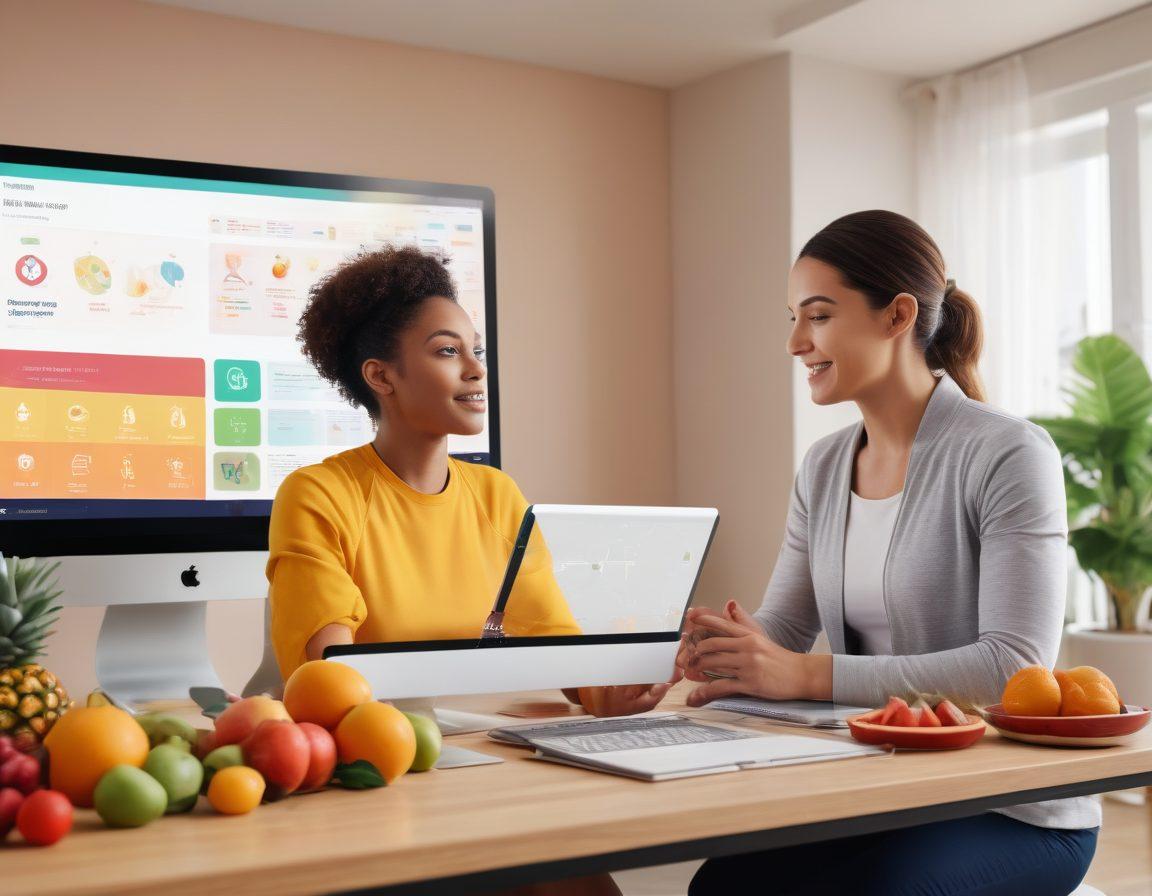 A modern digital health hub displaying a virtual consultation with a nutritionist, fitness trainer, and mental health therapist. Incorporate vibrant icons representing health, like fruits, dumbbells, and a brain, set against a futuristic interface. Add elements of connection, such as glowing lines or networks, symbolizing online interactions. The background should be bright and inviting, suggesting positivity and vitality. super-realistic. vibrant colors. 3D.